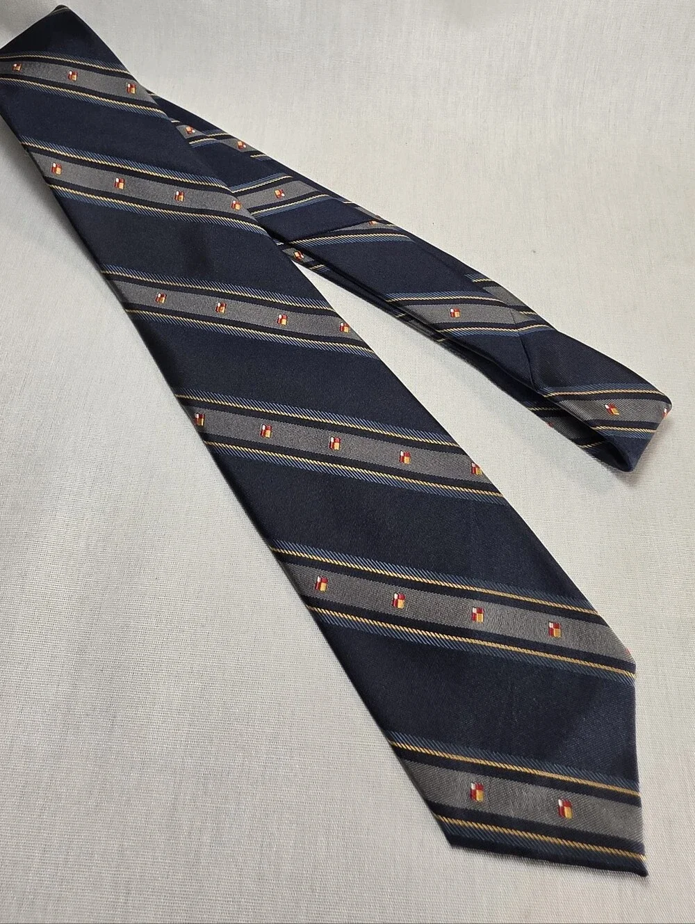 Mens Vintage Navy Striped Tie with Gray Bands and Red Accent